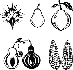 Monochrome Vector Illustration of Stylized Fruits and Vegetables Featuring Pears, Gourds, Corn, and Seed Pods Depicted in Minimalist Silhouettes and Line Art to Represent Agricultural Diversity 