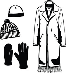 Winter Wear Monochrome Vector Illustration Featuring Minimalist Silhouettes of Seasonal Clothing Items Including Coats, Gloves, Mittens, and Hats Representing Cold Weather Protection and Cozy Fashion 