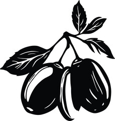 Botanical Monochrome Vector Illustration of Ripe Plums Hanging from a Leafy Branch Depicted in Minimalist Style to Represent Natural Freshness, Organic Produce, and Seasonal Fruit Elegance