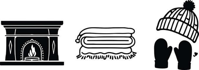 Cozy winter essentials vector set featuring fireplace, warm blankets, knitted hat, and mittens in simple black and white line-art style for seasonal design and decoration