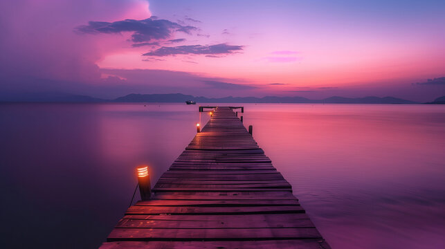 The dock stretches gently toward the water, reflecting soft pink light, while the sky glows in deep shades of blue and purple, creating a serene and magical atmosphere.