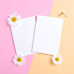 Two blank cards with daisies on a pink and peach background