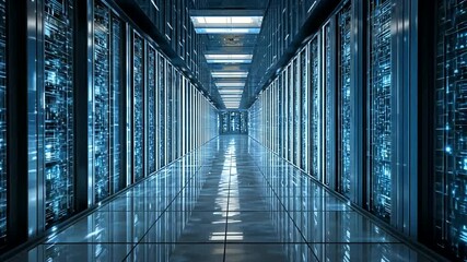 Shiny server room with blue circuits on racks flanking a hall with a reflective floor - Powered by Adobe