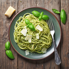 Spaghetti pasta with green pesto sauce and parmesan
