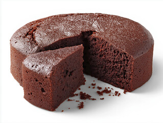 Chocolate cake missing a slice on white background