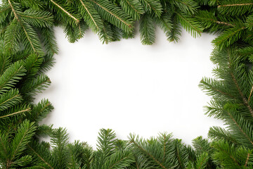 A festive Christmas fir branch frame against a pure white background, perfect for holiday greetings and New Year's cards