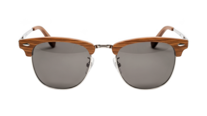 Clubmaster style eyeglasses with wood grain frames and gray lenses