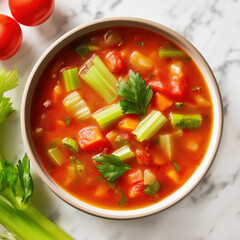 Vegetable soup with fresh ingredients in a white bowl