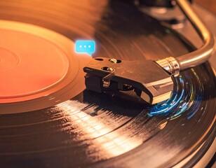 Close-up of a vintage vinyl record player with a glowing blue light on the needle.