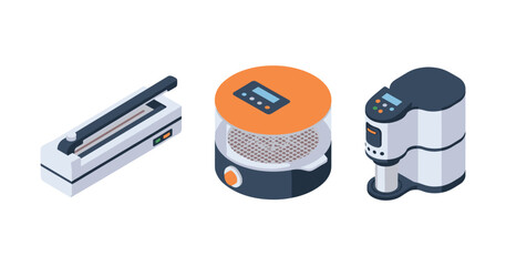 Modern kitchen appliances set with vacuum sealer, food dehydrator, and coffee machine