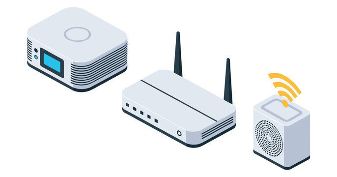 Isometric vector illustration of modem router with wifi signal in technology setup