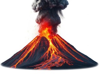 Erupting volcano spewing lava and smoke isolated on white background