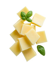 Cheese cubes and basil leaves on transparent background