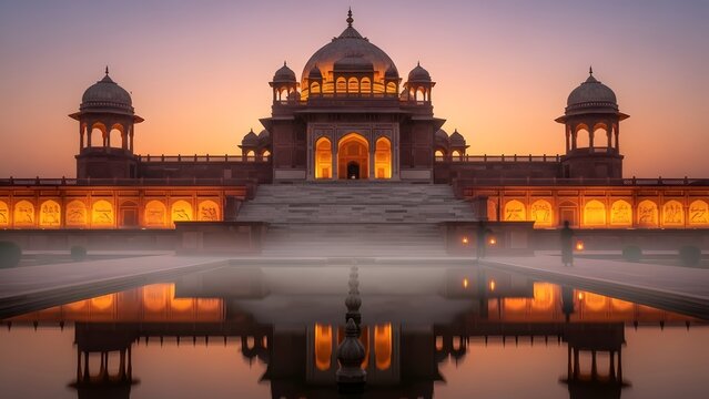 Majestic sunset view of jahangiri mahal at fatehpur sikri, india, reflected in the water