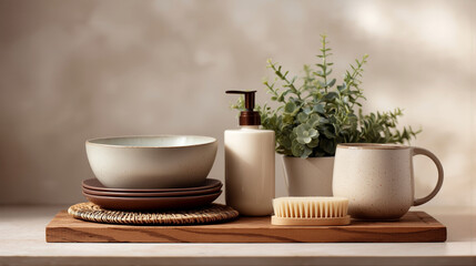Kitchenware set for dishwashing with plant accent