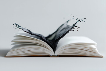 Open book with dark ink splashing creativity