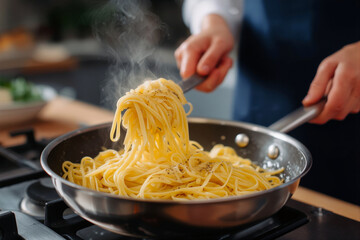 Chef cooking pasta in a pan at home kitchen