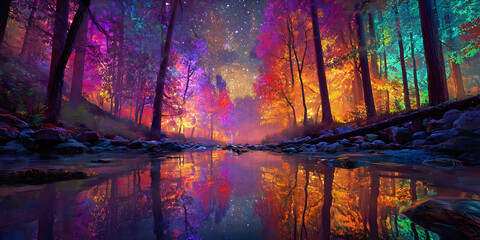 Reflections of Enchanted Light: Forest Dreamscape, ai generated.