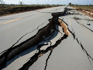 Cracked and broken asphalt road after earthquake or other natural disaster
