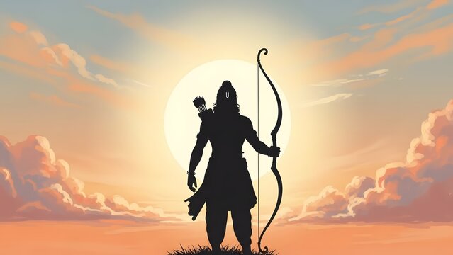 Silhouette of lord rama holding a bow and arrow against a dramatic sunset sky with clouds