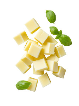 Diced yellow cheese cubes with fresh basil leaves
