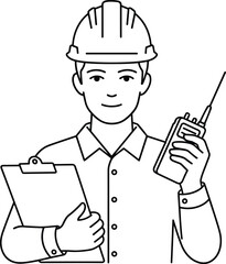 Construction Worker or Engineer with Hard Hat, Holding Clipboard and Walkie Talkie Radio, Industrial Safety and Communication Portrait Outline, Job Profile Cad Drawing Flat Vector Illustration