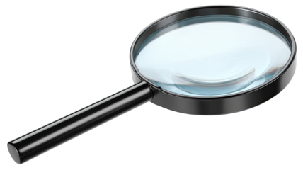 Magnifying glass with a black handle and optical lens, isolated on a clean white background for a clean, sharp view, making it a perfect tool for search, focus, and discovery
