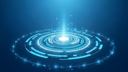 Abstract futuristic technology background with glowing blue digital circle interface and light beam emanating upwards, representing data transfer or energy