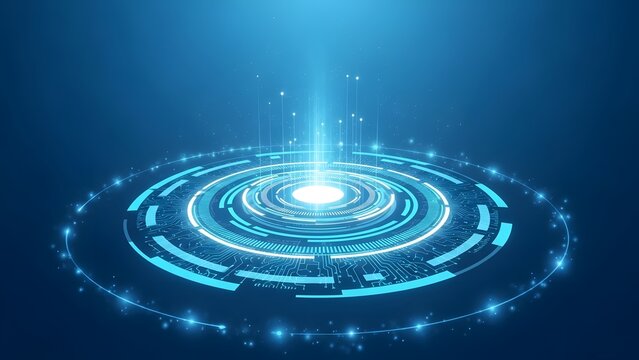 Abstract futuristic technology background with glowing blue digital circle interface and light beam emanating upwards, representing data transfer or energy - Powered by Adobe