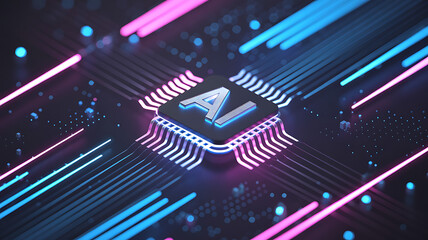 Futuristic AI chip with glowing neon circuits and high tech digital lines representing advanced machine intelligence data processing cyber technology innovation and modern electronic connectivity