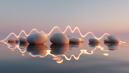 Glowing Light Waves Flowing Over Smooth Zen Stones on Calm Water at Sunset © Designbrisa