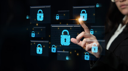Concept of cybersecurity and a secure network. Multiple layers of data encryption and firewall...