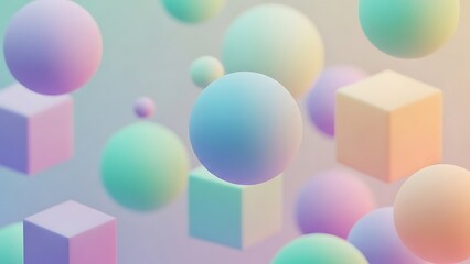 Dreamy Pastel 3D Geometric Shapes Background - Floating Spheres and Cubes Abstract Design.