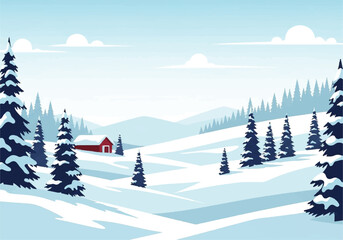 A beautiful winter landscape with snow-covered pine trees, rolling hills, and a distant red barn under a clear blue sky.