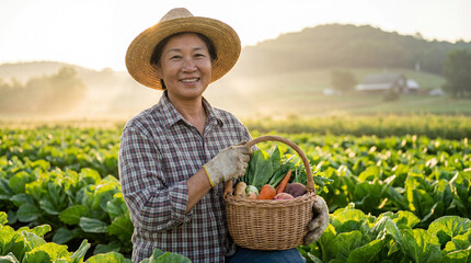 Smiling Asian Farmer Woman Holding Basket of Fresh Vegetables in Organic Field at Sunrise