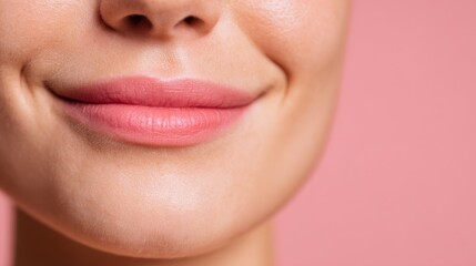 Obraz premium Softly smiling caucasian woman closeup studio portrait photography pink background standard view beauty concept