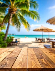 Tropical beach scene with wooden table