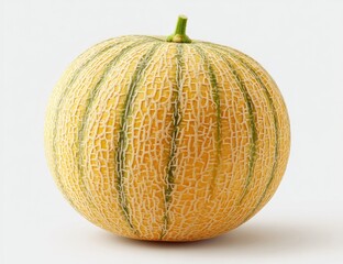 A whole, ripe, round melon with green stem, yellow skin with a net-like texture