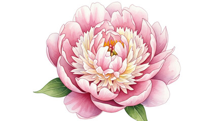 Pink Peony Flower with Green Leaves Watercolor white