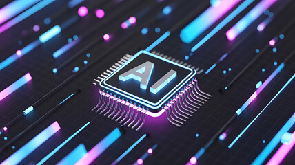 Futuristic AI microchip glowing with neon circuitry and advanced digital lines representing high tech machine intelligence data processing cyber innovation and modern electronic connectivity