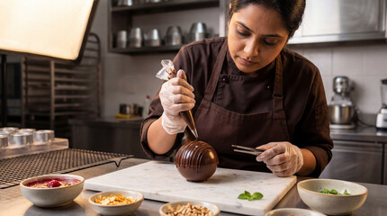Pastry Chef Decorating Chocolate Sphere with Piping Bag in Professional Kitchen