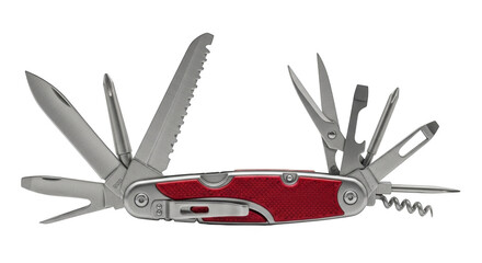 Red multi tool with open blades and tools on black