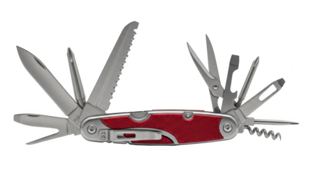 Red multi tool with open blades and tools on black