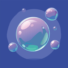 Colorful floating soap bubbles with soft reflections on a dark blue background, shiny and vibrant.