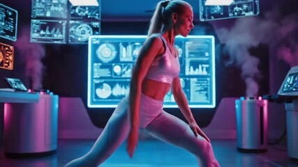 Futuristic Fitness Woman Stretching in Cyberpunk Control Room - Powered by Adobe