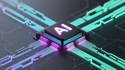 Futuristic AI processor core glowing with neon circuits and advanced digital pathways representing high tech machine intelligence data processing cyber innovation and modern electronic connectivity