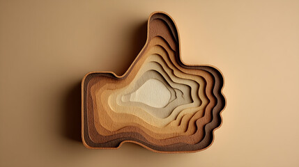 Layered wooden thumbs up icon crafted with topographic depth against a warm beige background for approval concepts