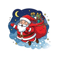 Santa Claus Flying Sleigh with Reindeer over Winter Night Sky &ndash; Magical Christmas Illustration