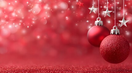 Festive red Christmas baubles and sparkling silver star ornaments suspended against a vibrant blurred red background filled with bokeh lights and glitter evoking holiday joy