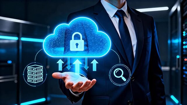 Cloud Security & Growth Concept: Animated Professional Presenting Secured Cloud with Data Icons